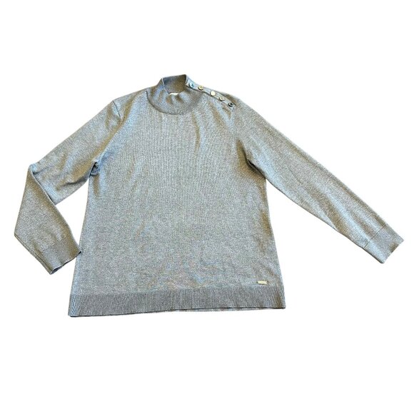 Calvin Klein Silver Grey Sparkle Glitter Sweater Pullover Mock Neck Button Large - Picture 1 of 13
